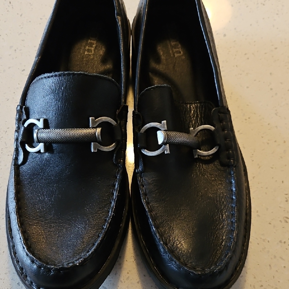 Black Leather Loafers with Silver Buckle